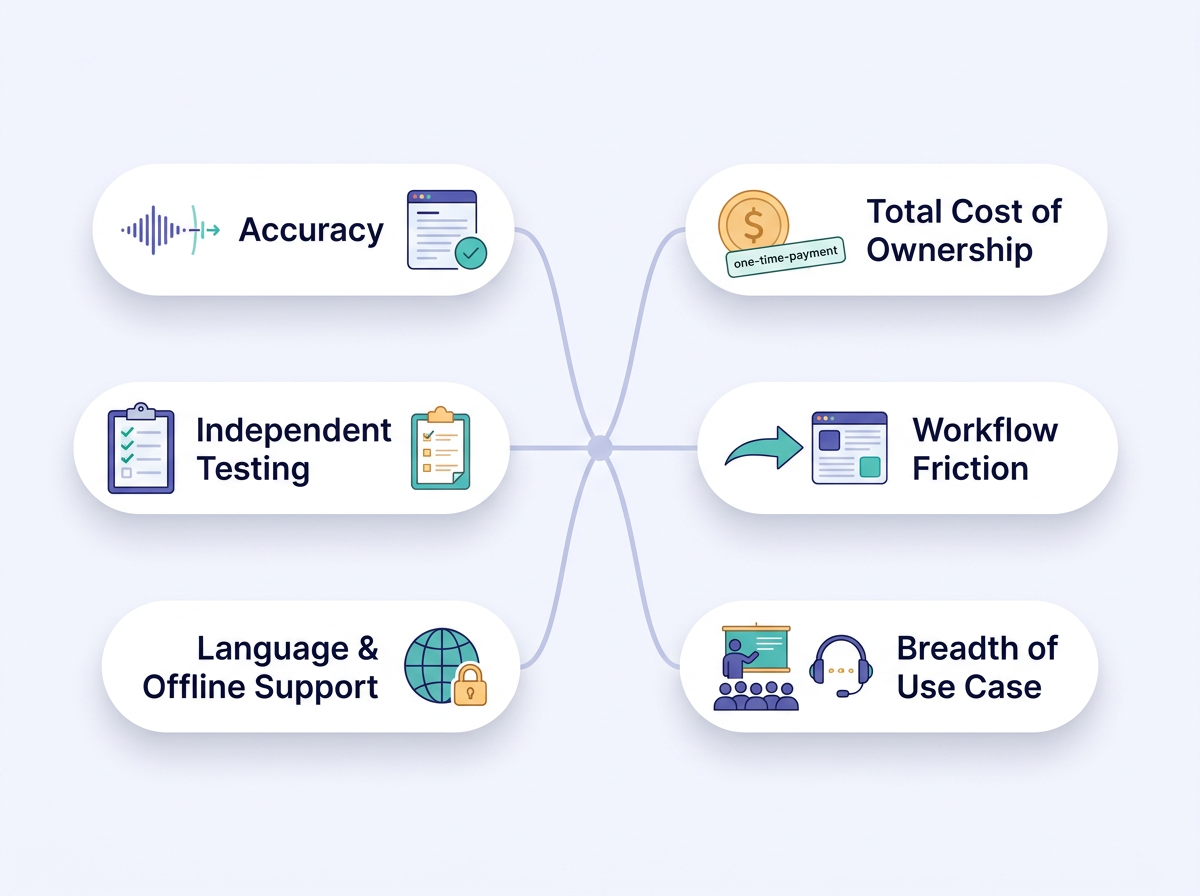 Diagram of six criteria used to rank the best AI note taking app options for 2026