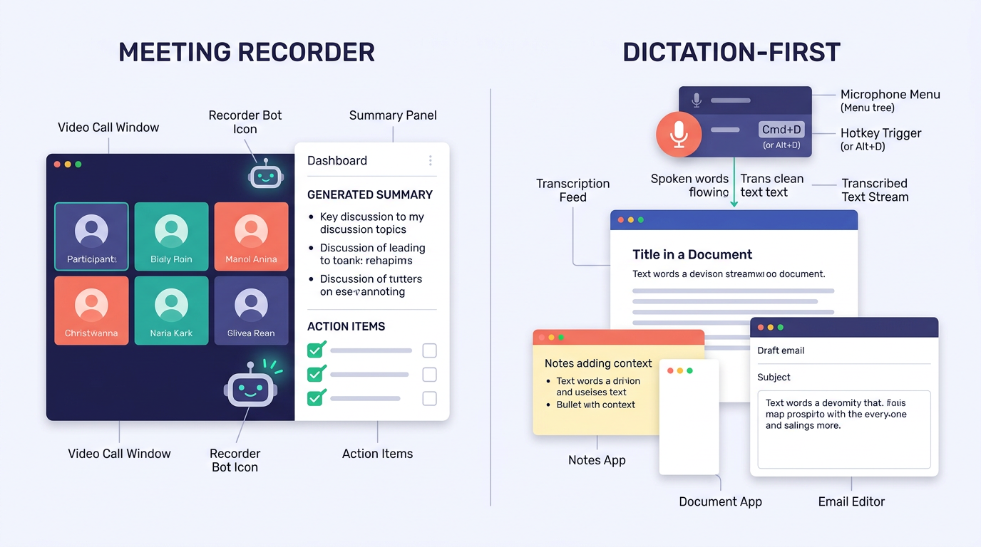 Comparison of meeting recorder versus dictation-first best AI note taking app styles