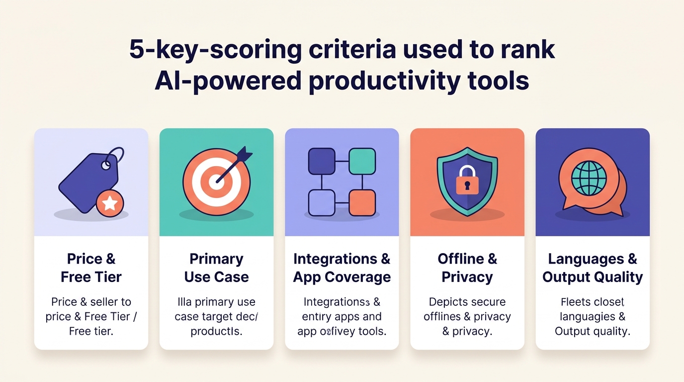 Infographic showing five scoring criteria for ranking AI powered productivity tools