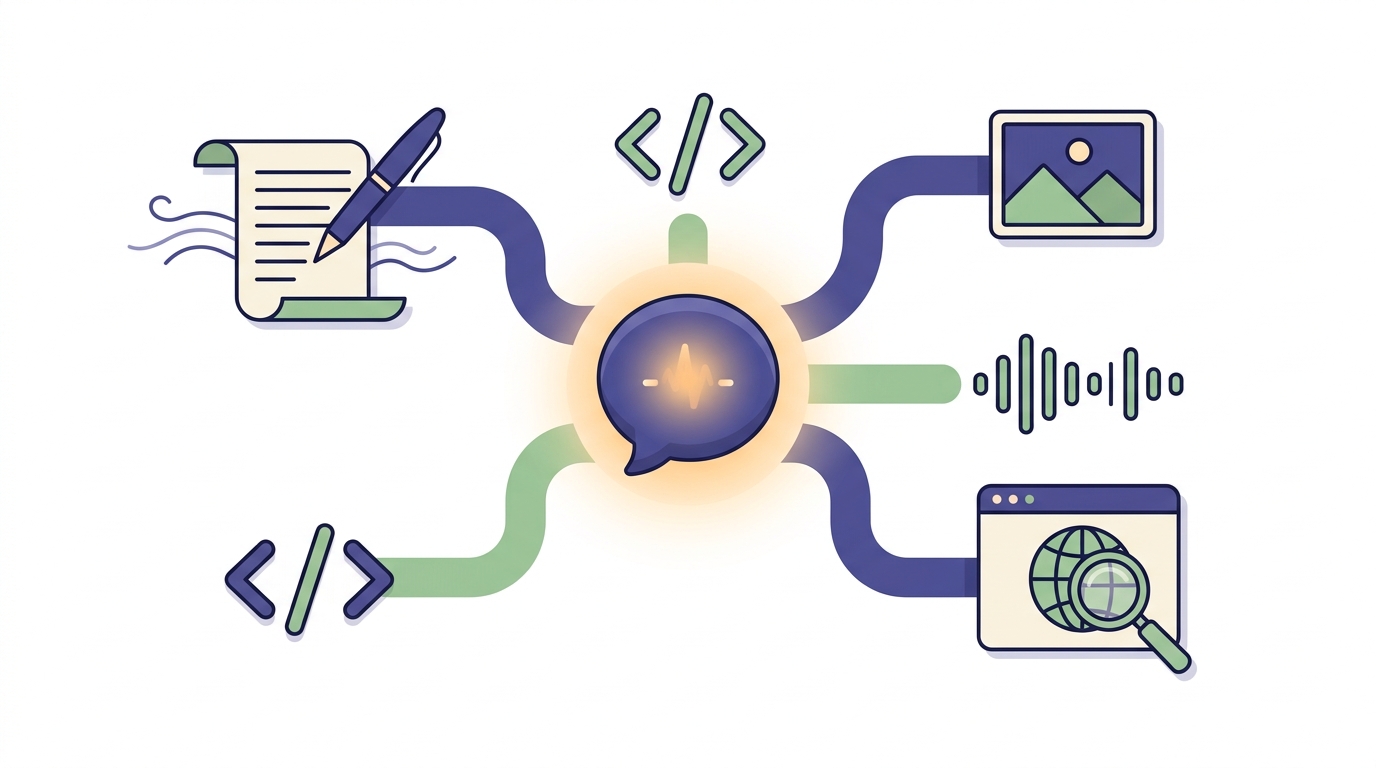 Conceptual illustration of a general-purpose AI powered productivity tool spanning many tasks
