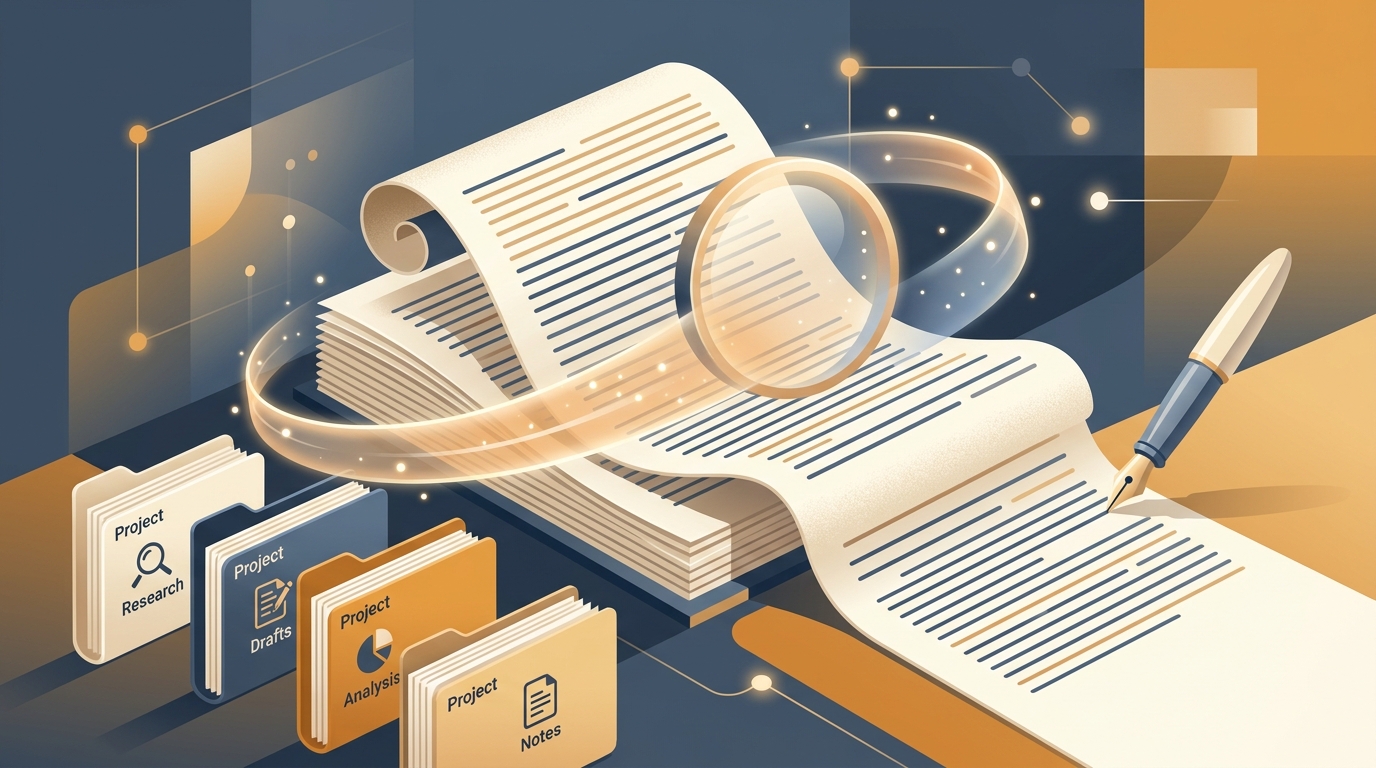 Conceptual illustration of an AI powered productivity tool analyzing long documents and writing