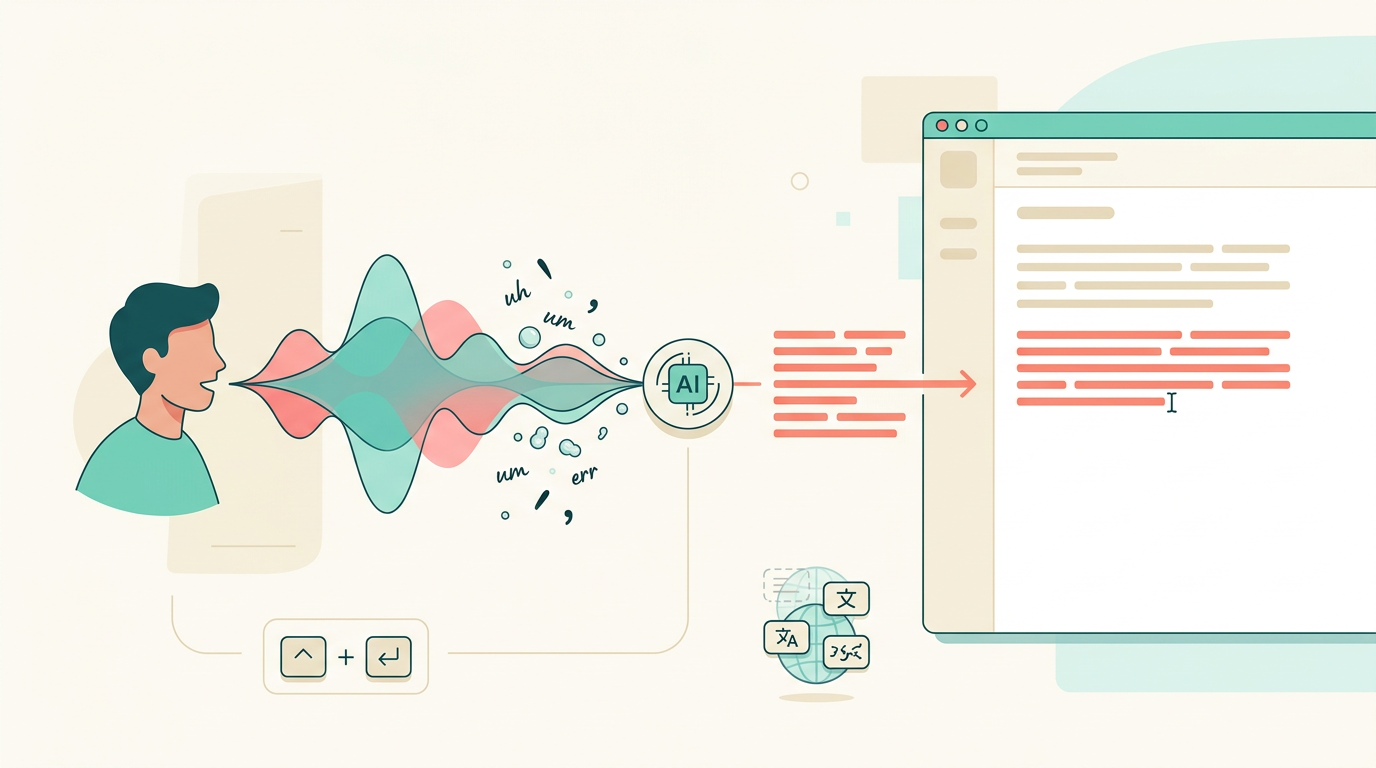 Conceptual illustration of AI voice typing as an AI powered productivity tool typing into any app