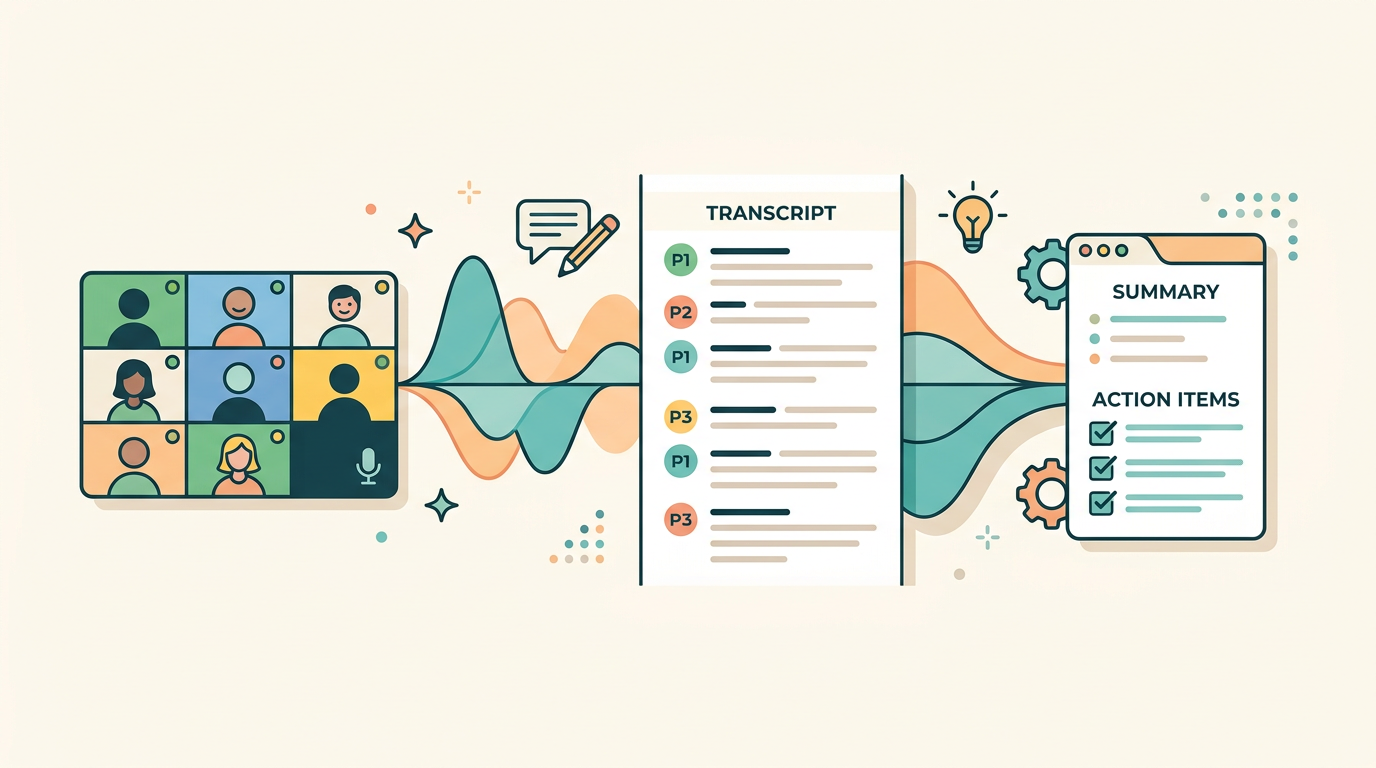 Conceptual illustration of an AI meeting assistant, an AI powered productivity tool for calls