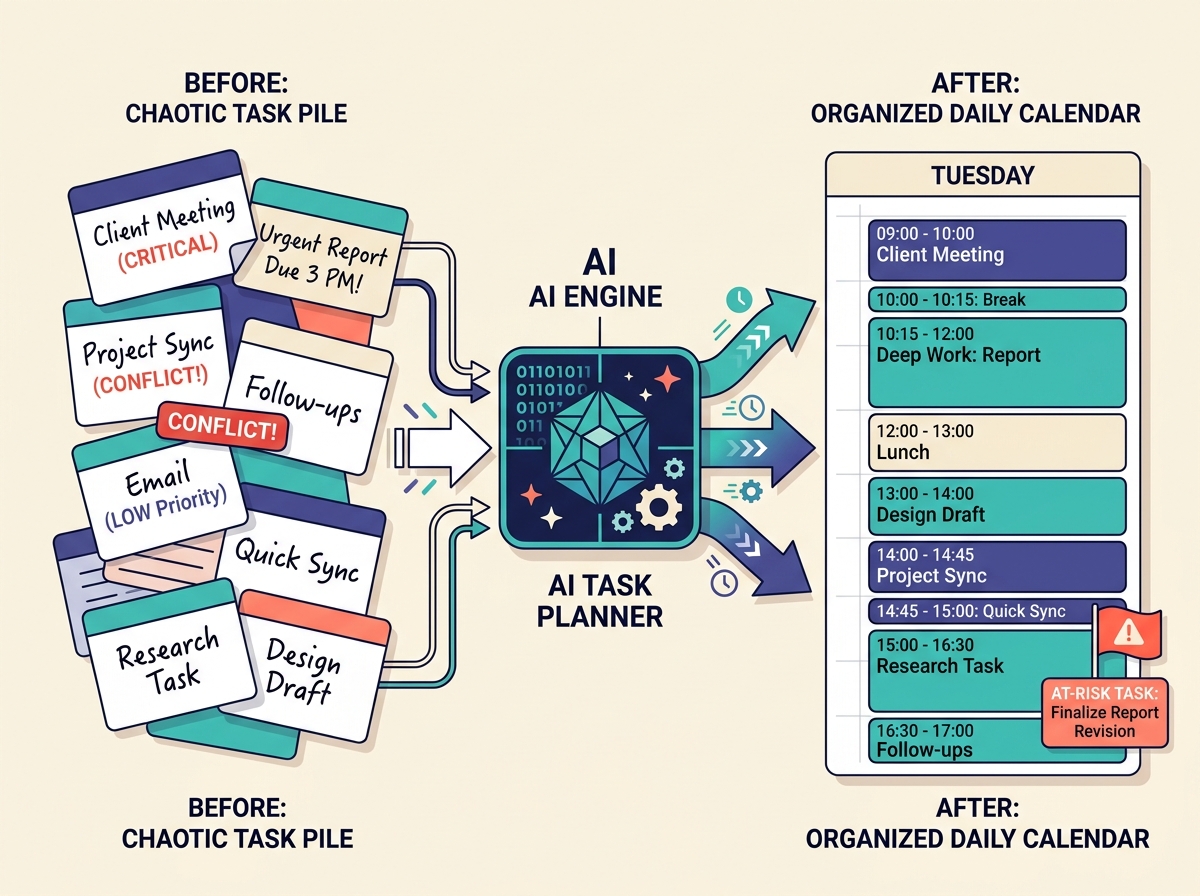 Diagram of AI auto-scheduling, an AI powered productivity tool turning tasks into a calendar