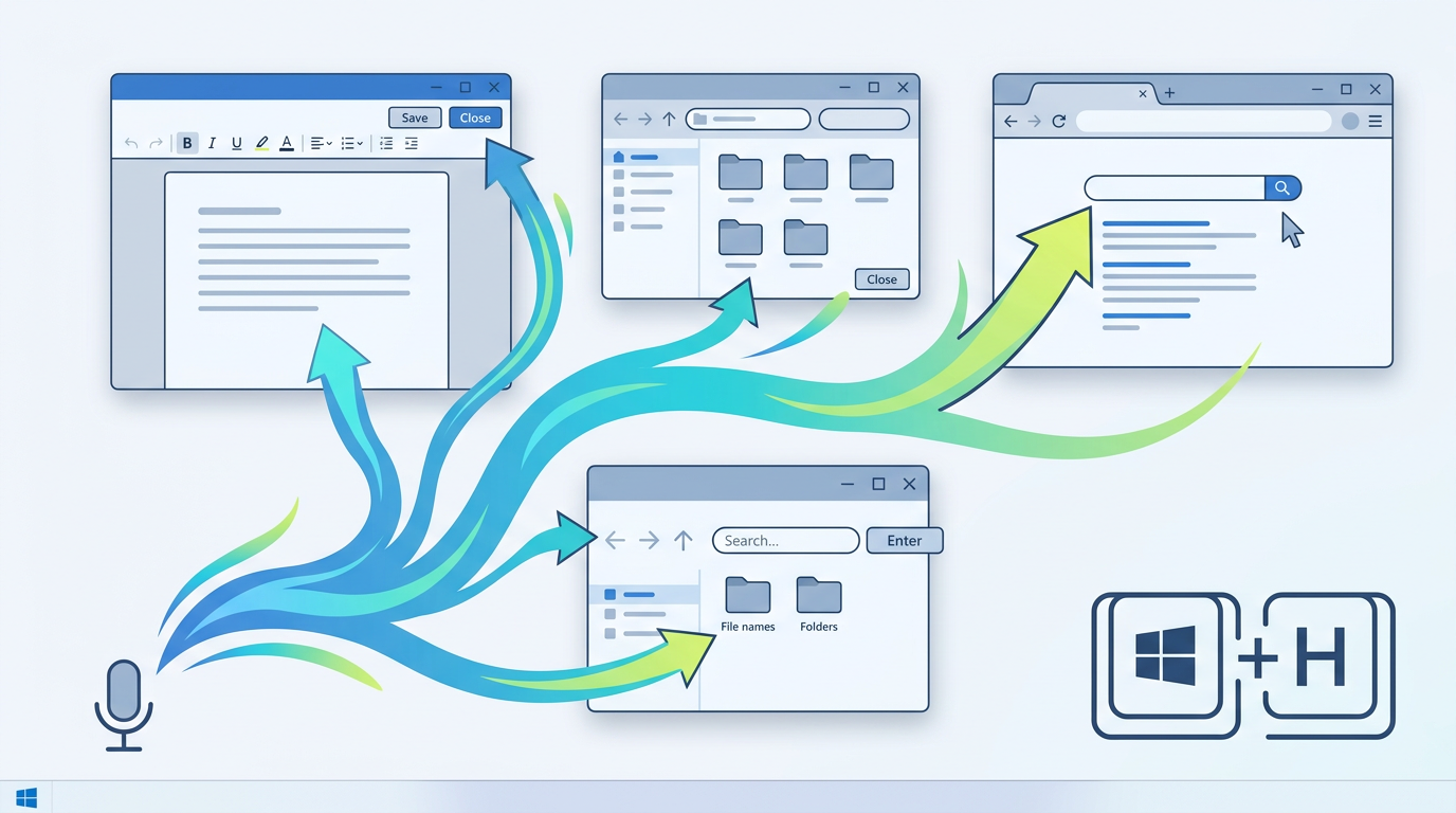 Illustration of free built-in Windows speech to text recognition software controlling apps