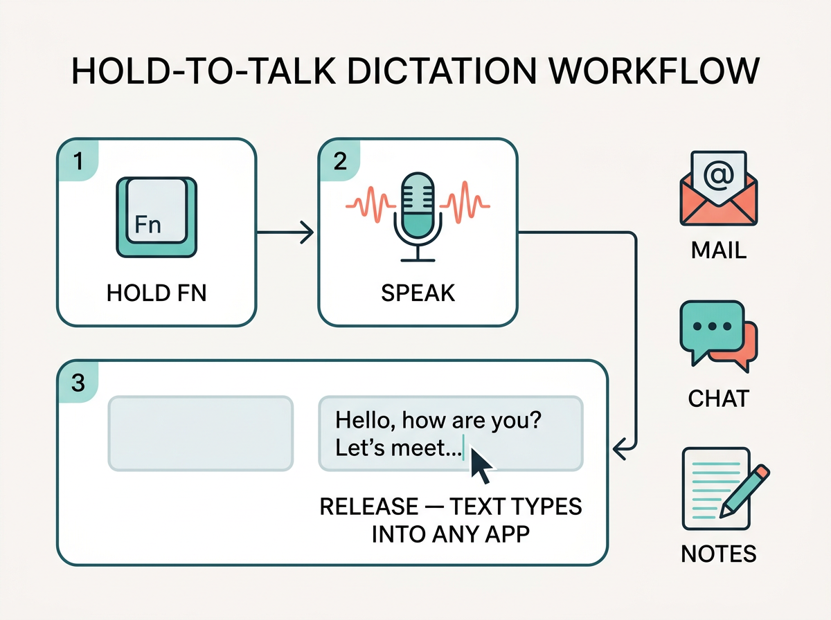 Diagram of hold-to-talk dictation workflow used by the FluidVox wispr flow alternative