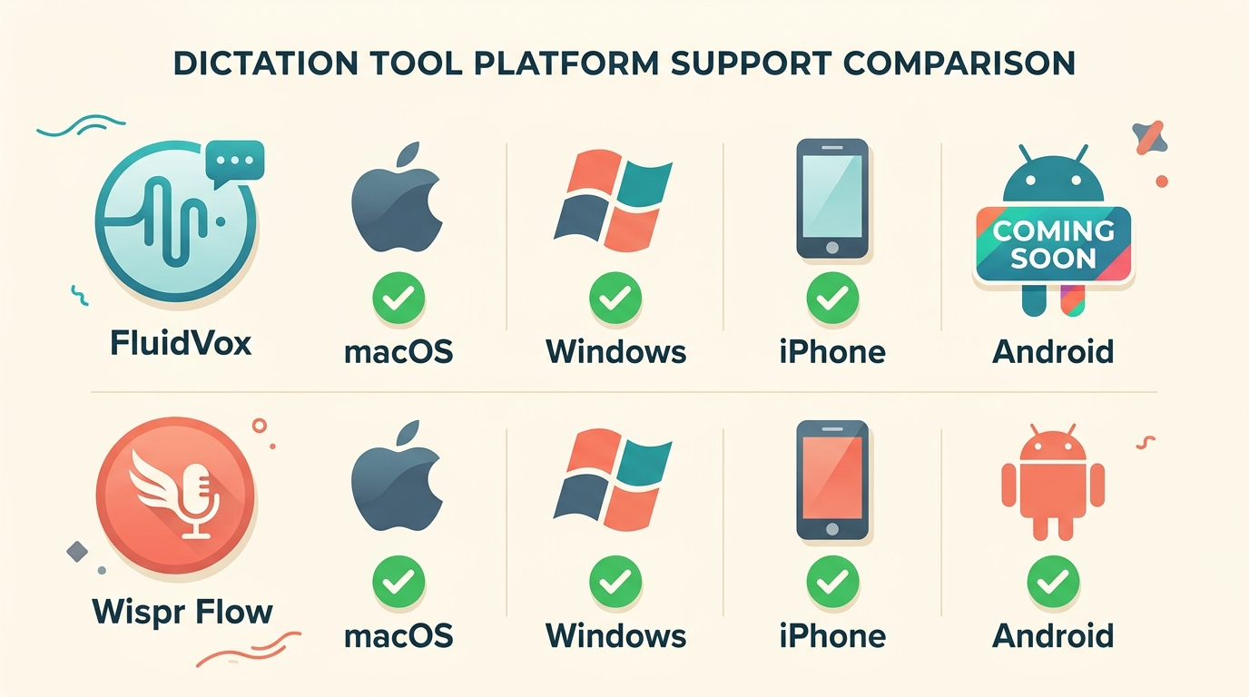 Platform support infographic comparing FluidVox wispr flow alternative across Mac, Windows, iPhone, Android