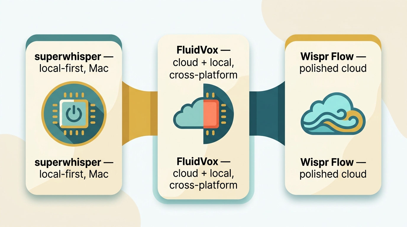 Three-way comparison placing FluidVox as the cross-platform wispr flow alternative beside superwhisper