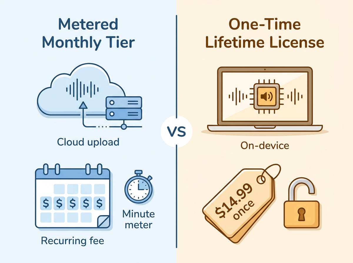 Comparison of free audio to text transcription cost models: metered monthly tier vs one-time license