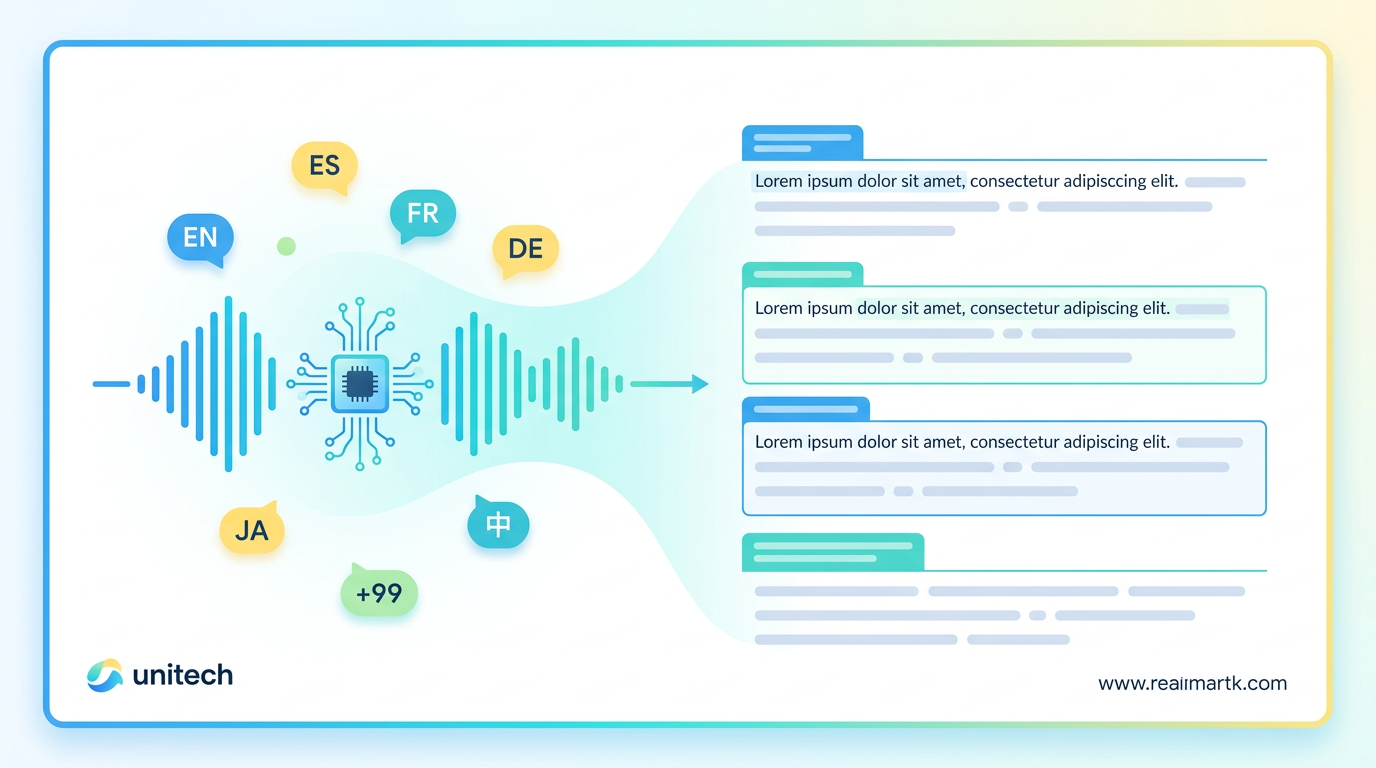 Illustration of multilingual local voice transcription turning speech into clean text on-device