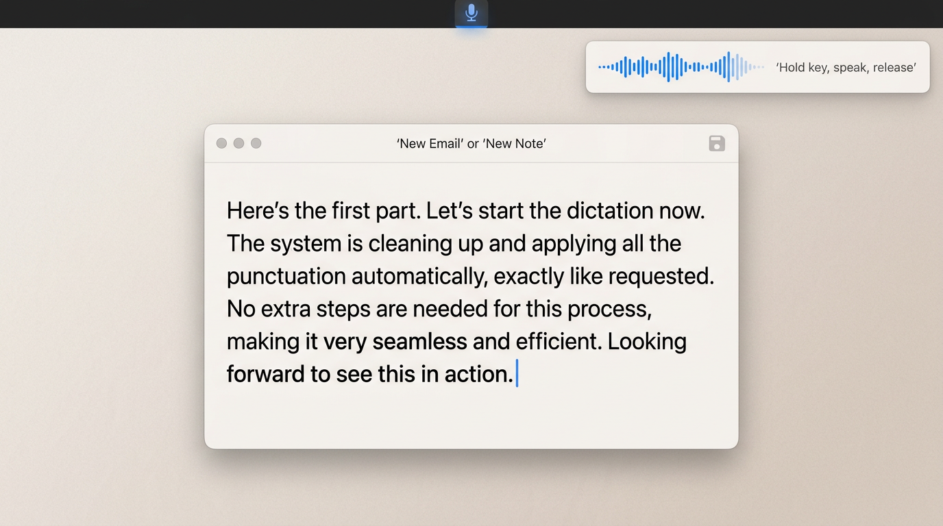 Mockup of hold-to-talk local voice transcription typing cleaned text directly into an app