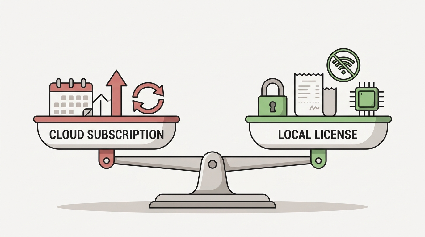 Balanced scale comparing cloud subscription against one-time local voice transcription license