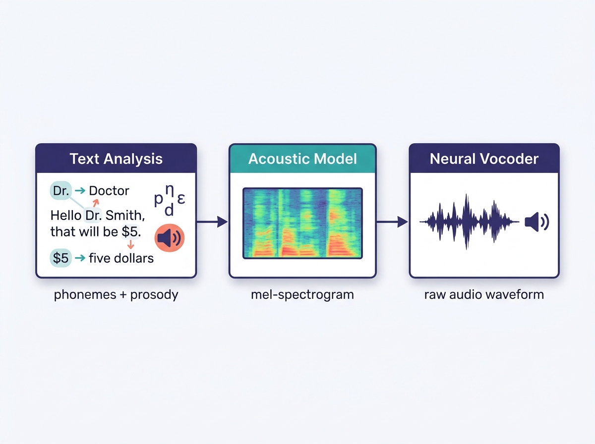 Diagram showing how neural TTS works through text analysis, acoustic model, and neural vocoder stages