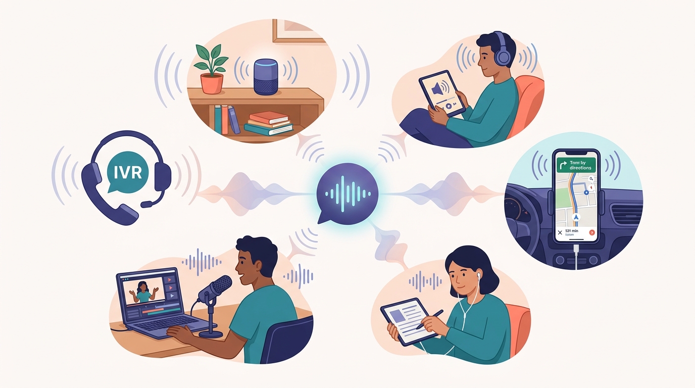 Conceptual illustration of where neural TTS is used daily: voice assistants, audiobooks, navigation, accessibility