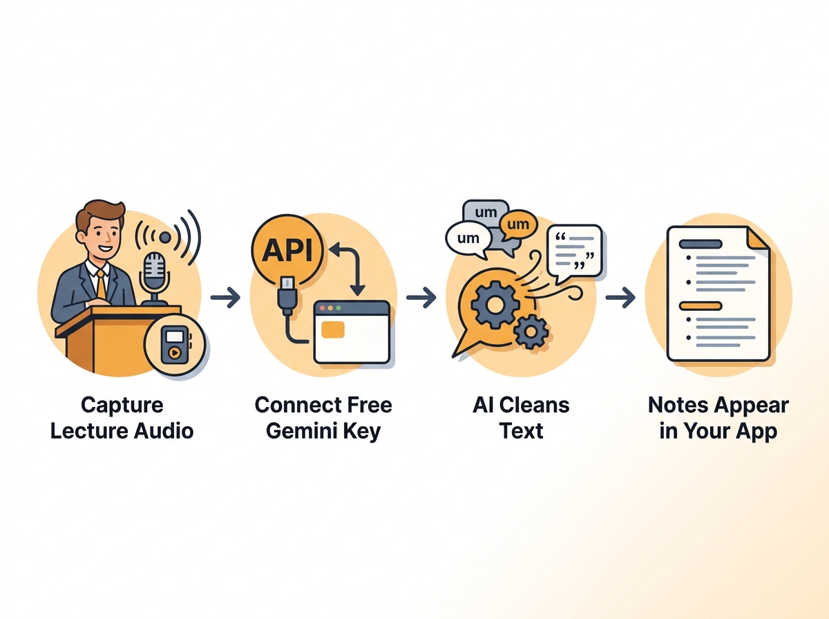 Diagram of steps to record lecture to notes with FluidVox and a free Gemini API key