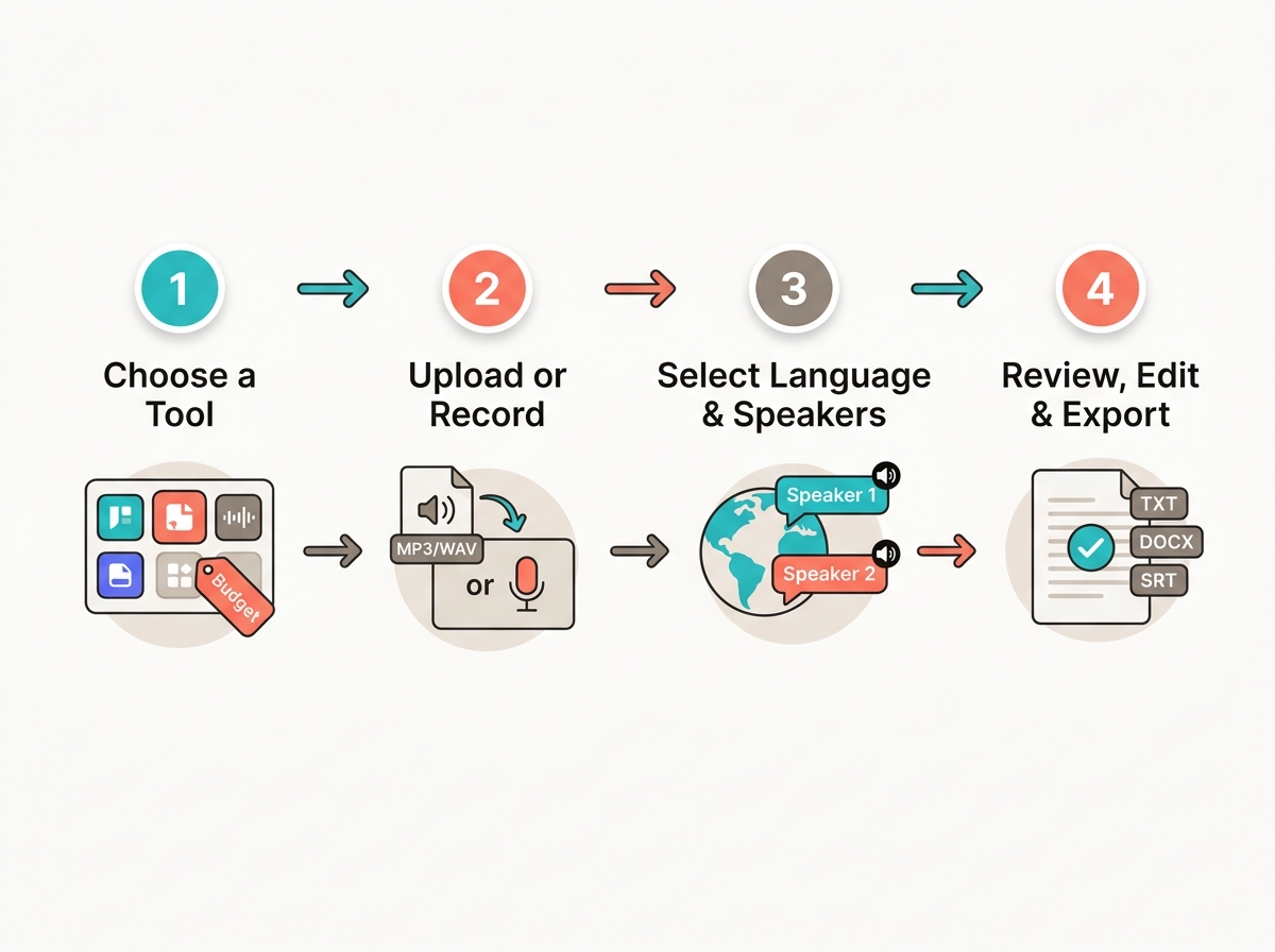 Four-step diagram showing how to transcribe audio to text: choose tool, upload, select language, export