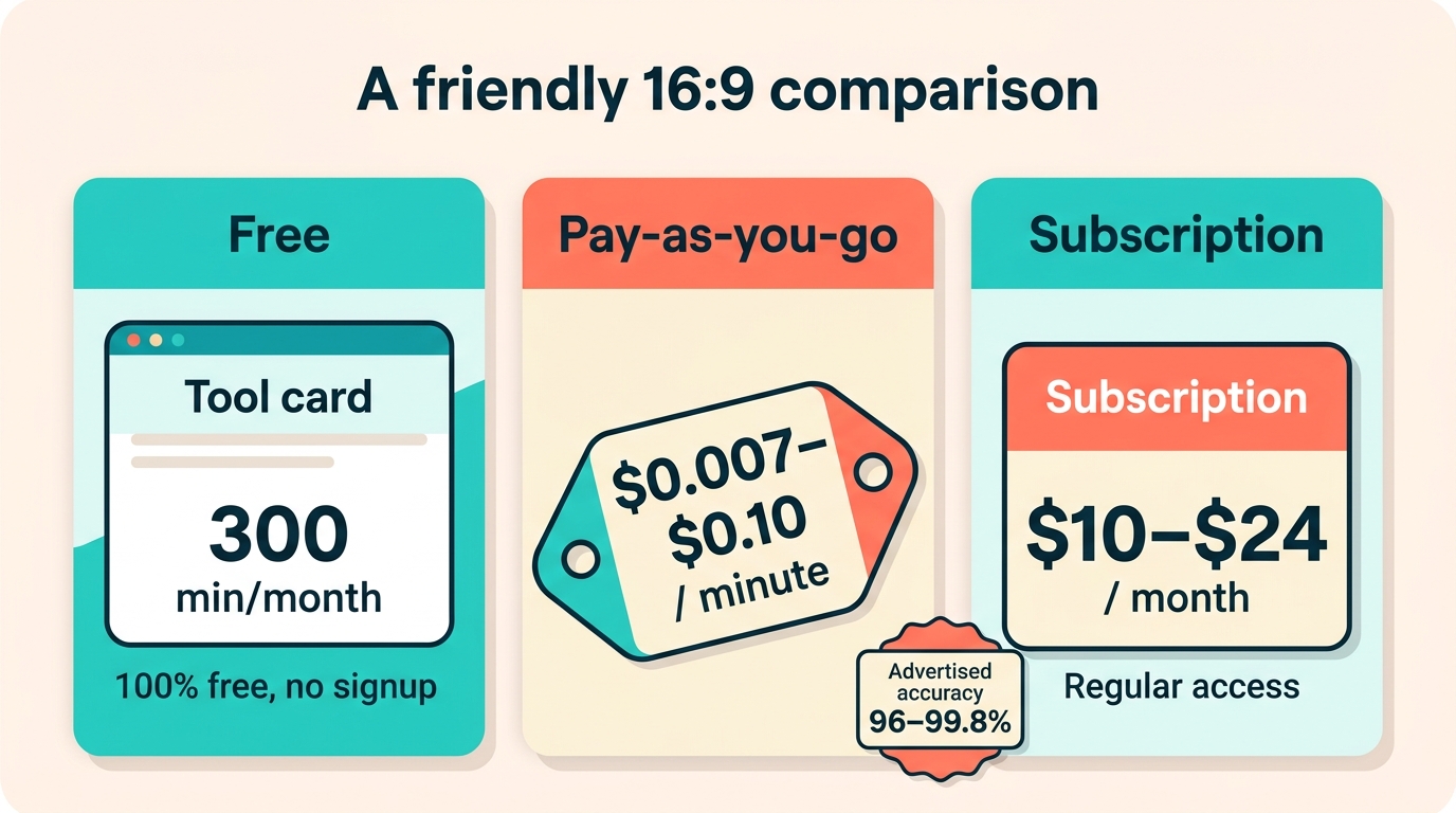 Infographic comparing free, pay-as-you-go, and subscription pricing to transcribe audio to text