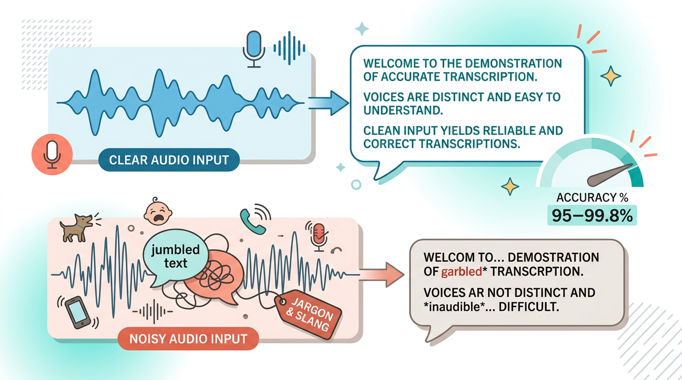 Illustration of clean versus noisy audio affecting how accurately you transcribe audio to text