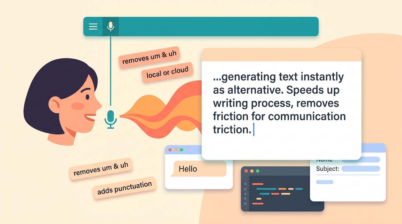 Illustration of live dictation typing into any app as a way to transcribe audio to text in real time