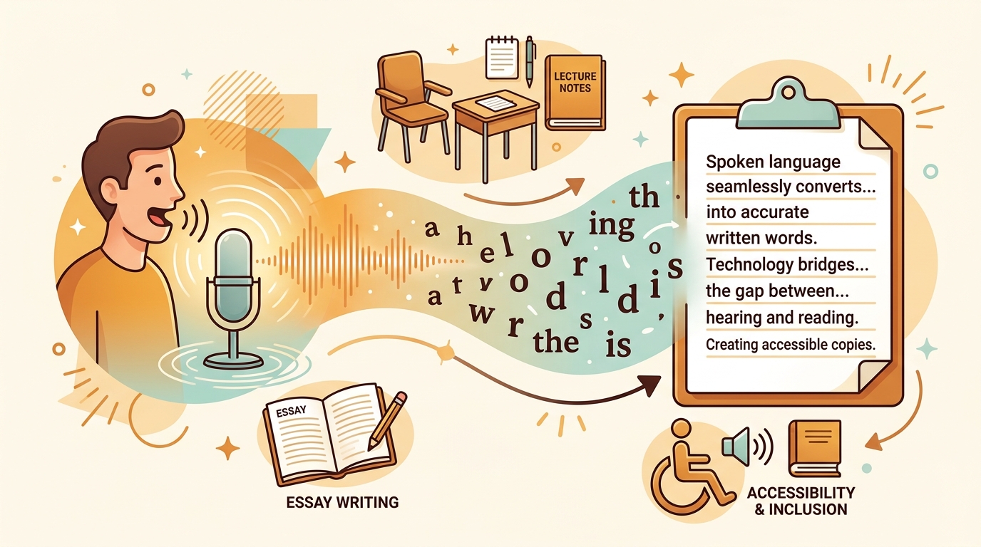 Diagram of how speech to text software for students converts spoken words into typed document text