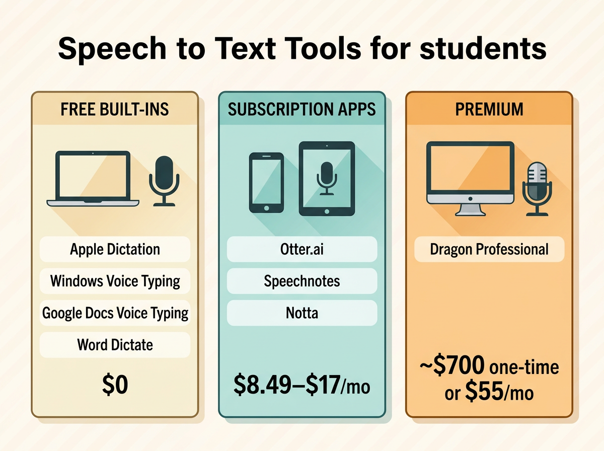 Infographic comparing tiers of speech to text software for students by price from free to premium