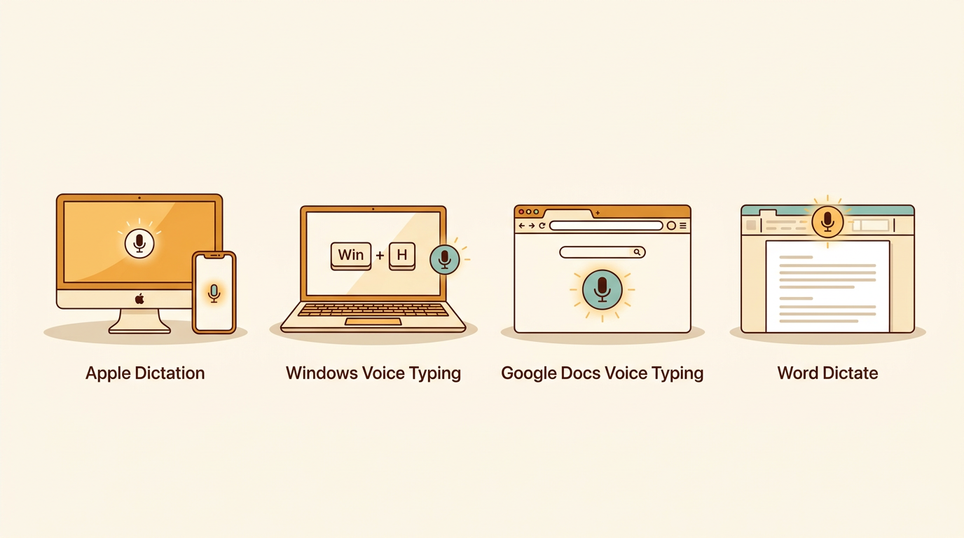 Comparison of free built-in speech to text software for students across Apple, Windows, Google and Word