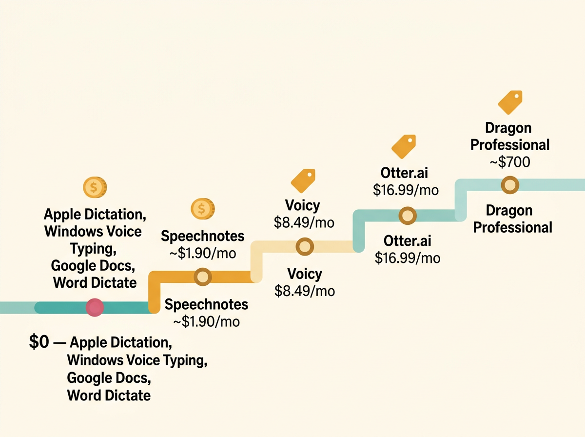 Cost ladder infographic for speech to text software for students from free built-ins to Dragon