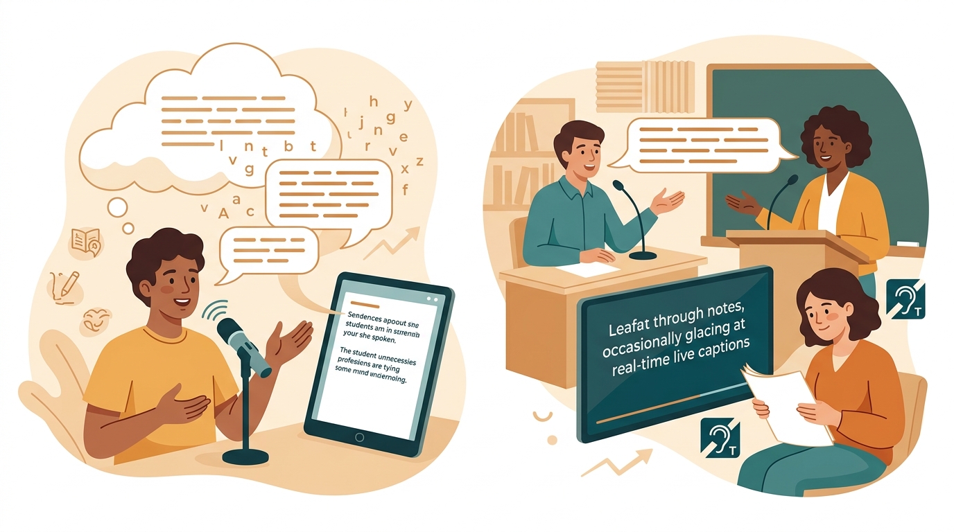 Illustration of speech to text software for students with disabilities supporting dictation and live captions