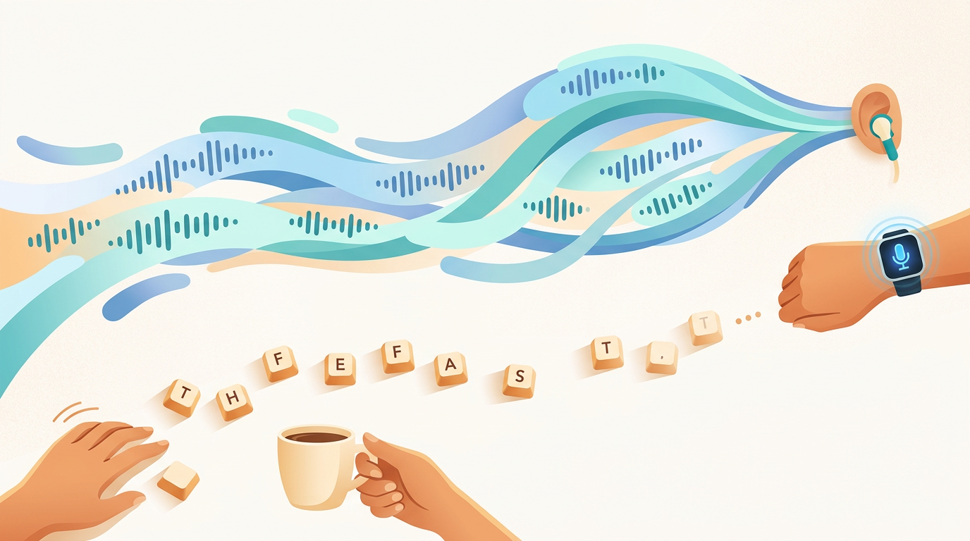 Voice AI concept showing speech flowing faster than typing keystrokes for hands-free input