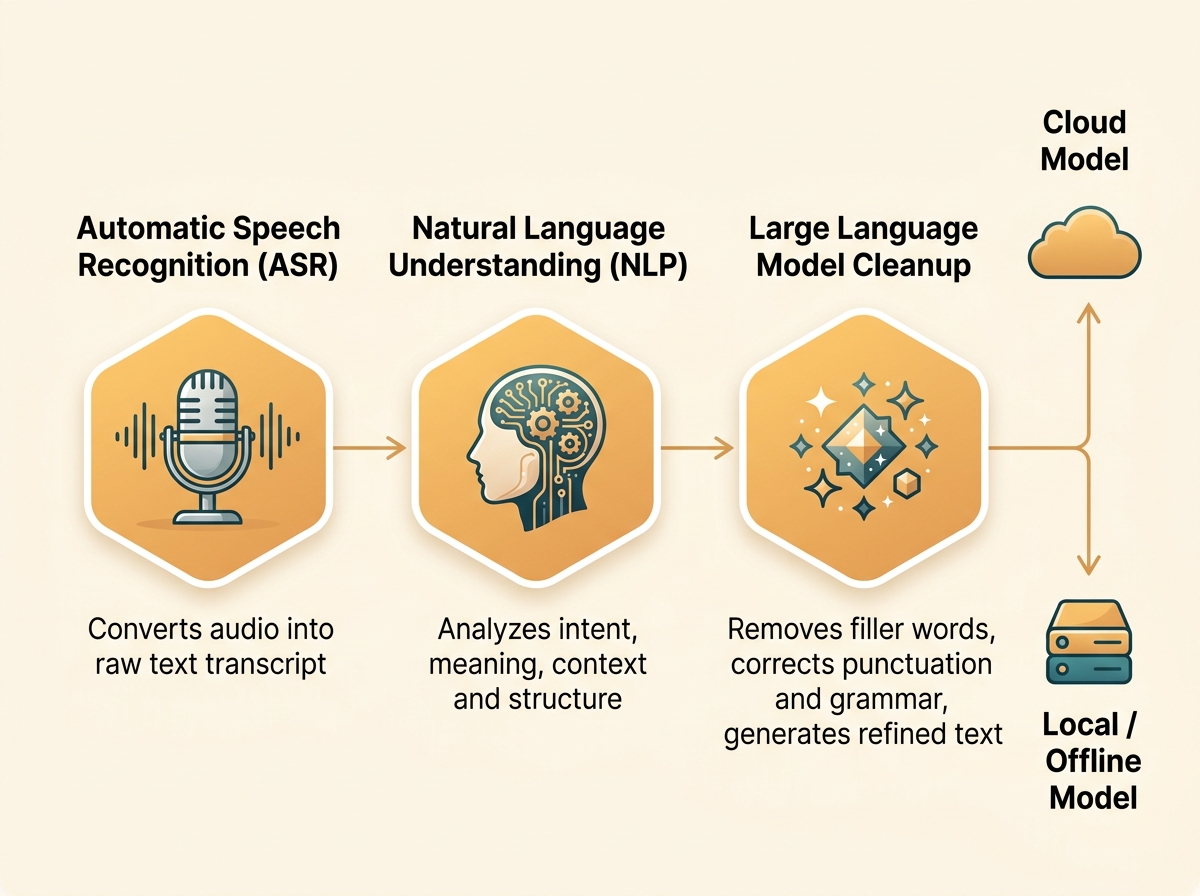 Voice AI technology diagram showing ASR, NLP, and LLM cleanup pipeline stages with labels