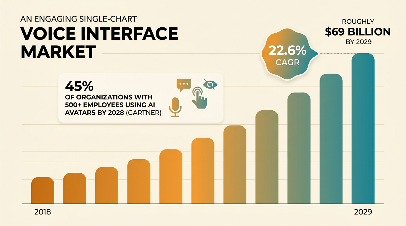 Voice AI market infographic projecting roughly $69 billion by 2029 at 22.6% CAGR growth