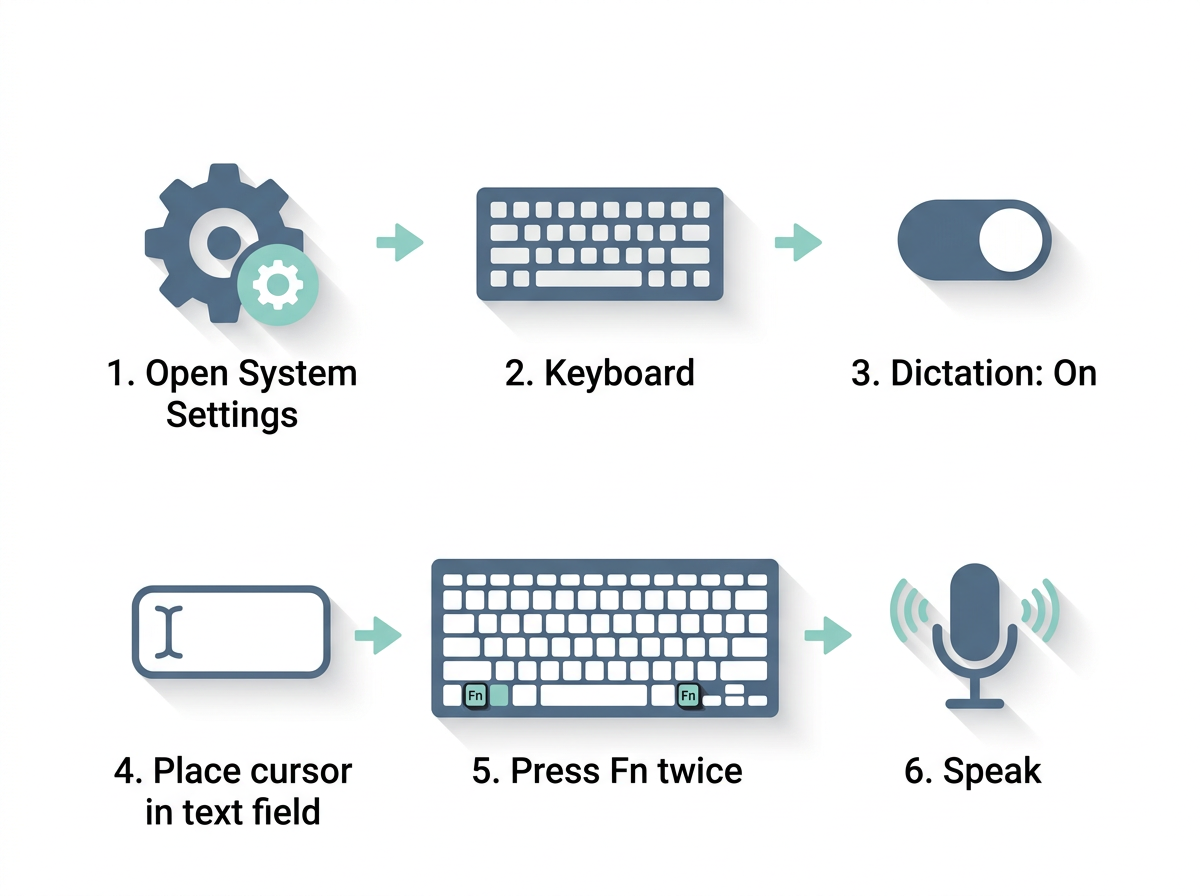 Step-by-step diagram showing how to use voice to text on Mac by enabling Apple Dictation