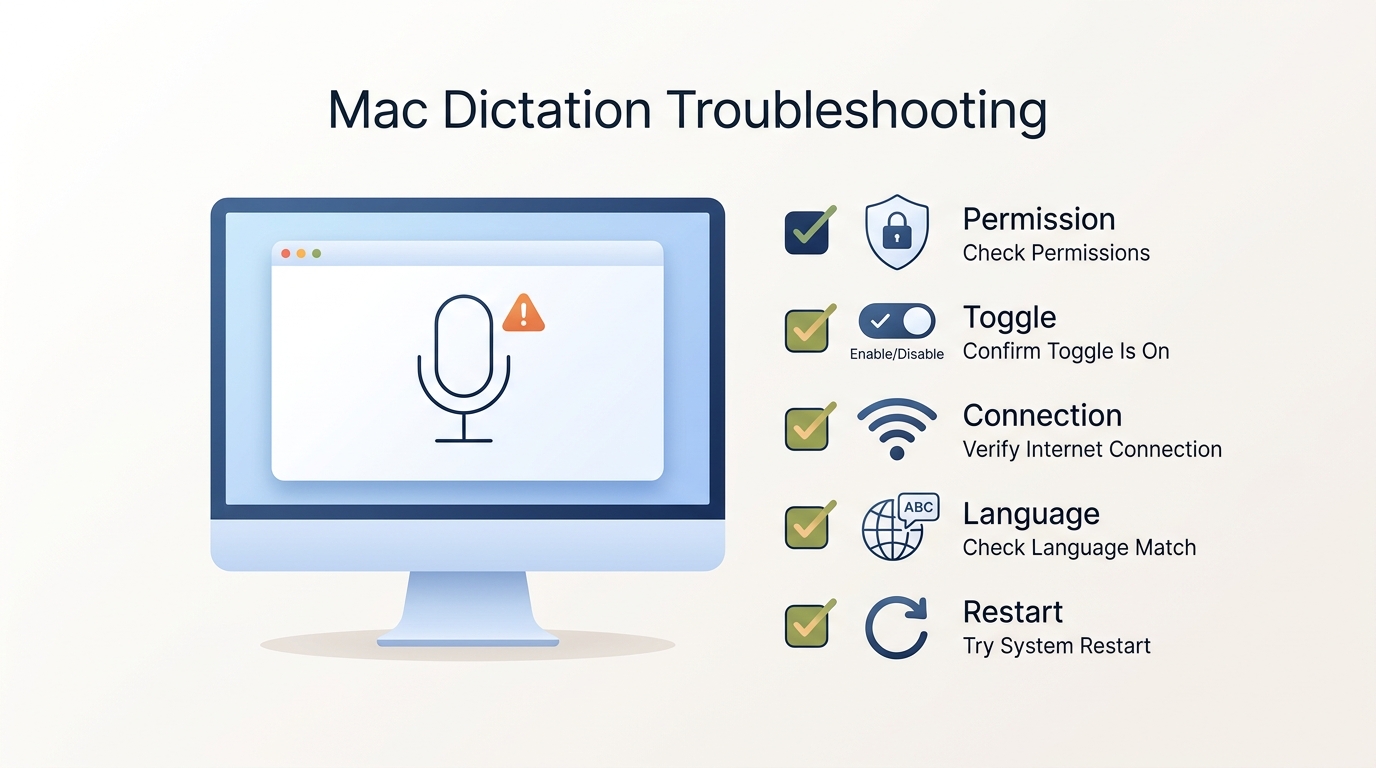 Troubleshooting checklist illustration for fixing Dictation when learning how to use voice to text on Mac