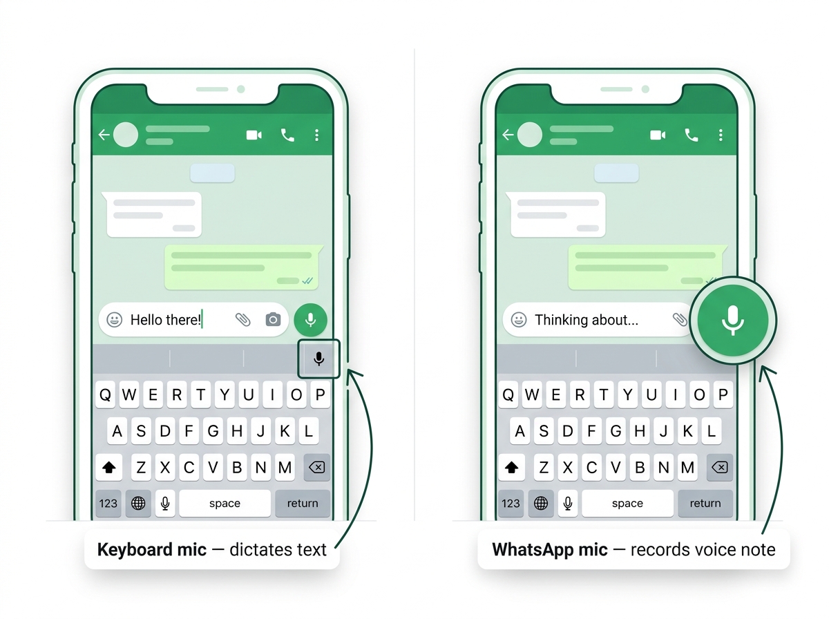 Comparison of keyboard mic vs WhatsApp voice-note mic for voice typing in WhatsApp on a phone