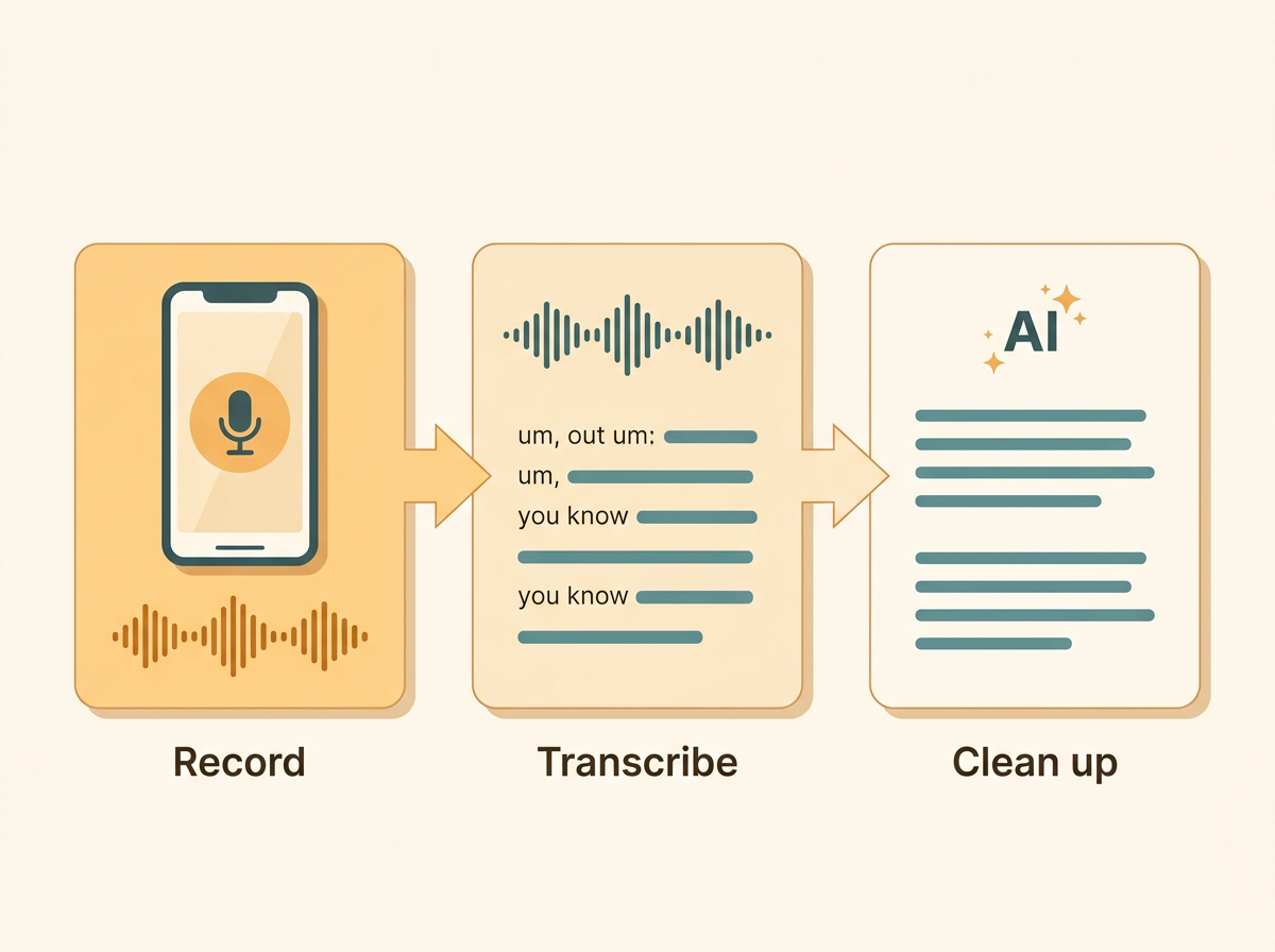 Diagram of how to turn voice memos into clean text through record, transcribe, and clean up steps