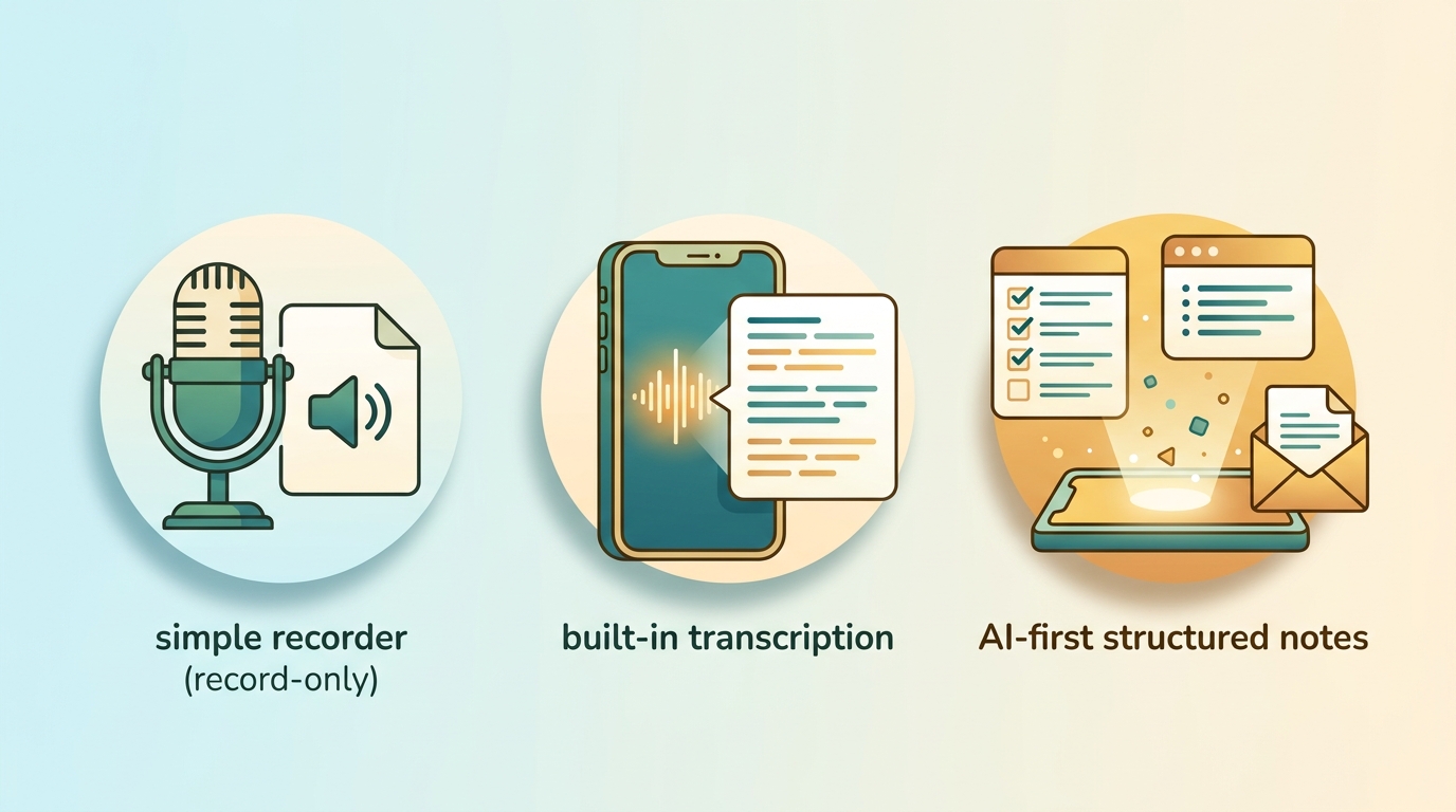 Conceptual illustration of the three types of voice memo apps from record-only to AI-first notes
