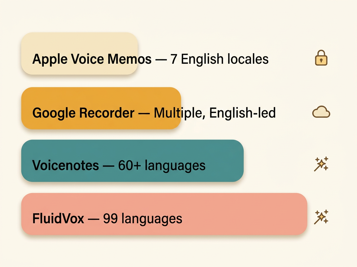 Infographic comparing voice memos apps by language support from 7 to 99 languages