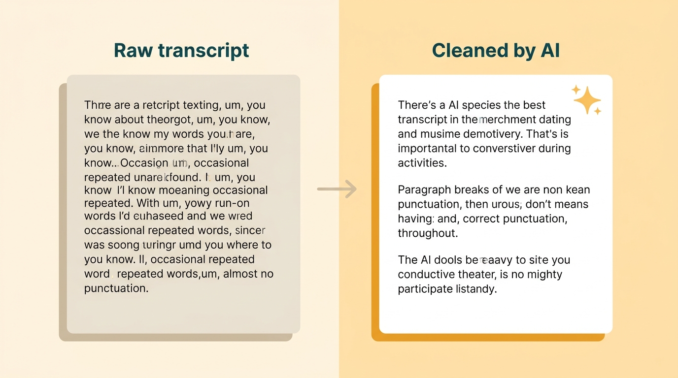 Comparison of raw voice memos transcript versus AI-cleaned text with punctuation and paragraphs