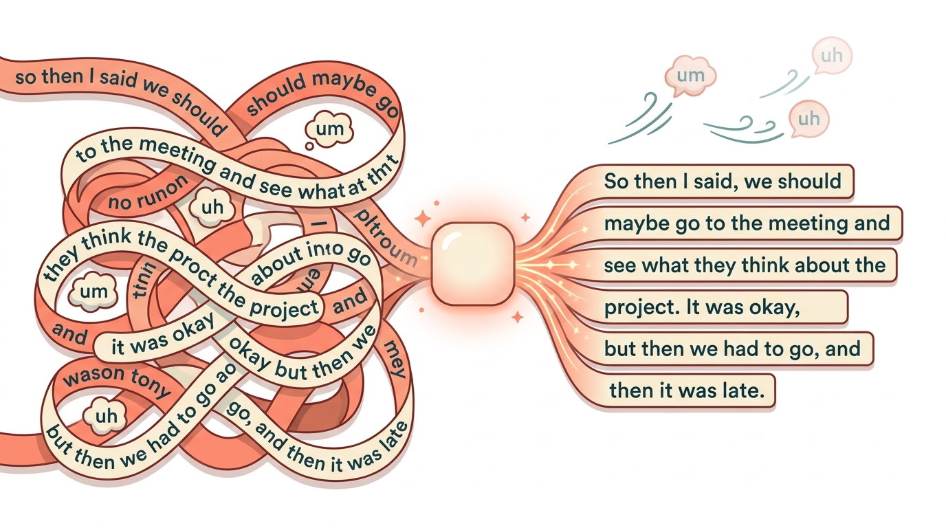 Concept illustration of iPhone dictation punctuation cleanup turning messy speech into tidy text