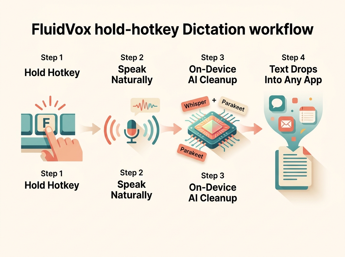 Diagram of FluidVox voice to text app for iPhone hold-hotkey on-device transcription workflow