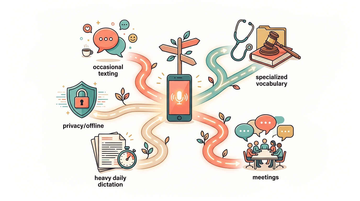 Conceptual guide illustration for picking the right voice to text app for iPhone by workflow