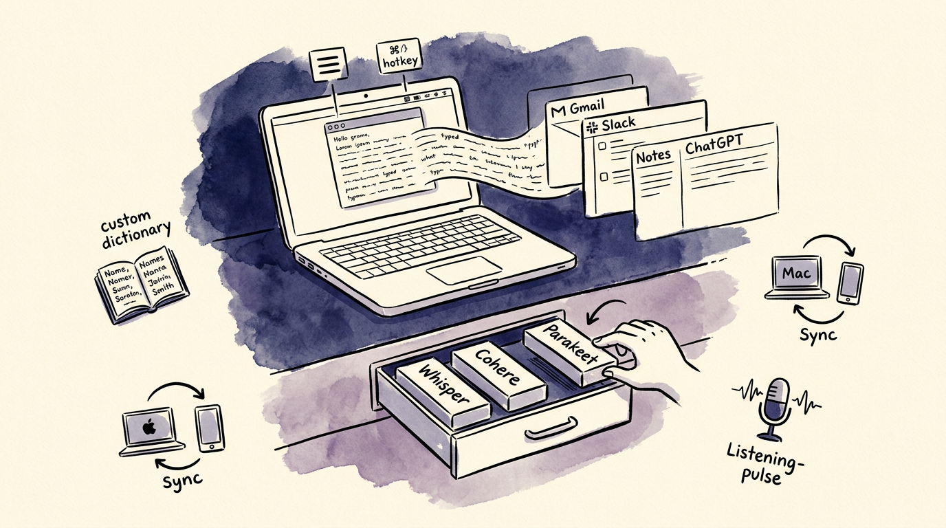 Sketch of a swappable interface layer over interchangeable voice transcription models, with hotkey and app injection