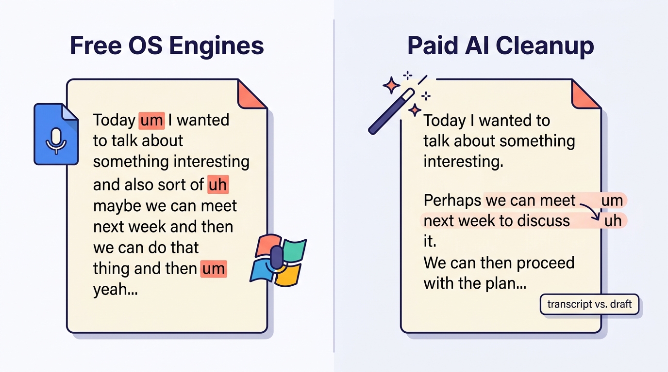 Comparison from roundup of recent news on voice typing showing free OS transcription versus paid AI cleanup apps