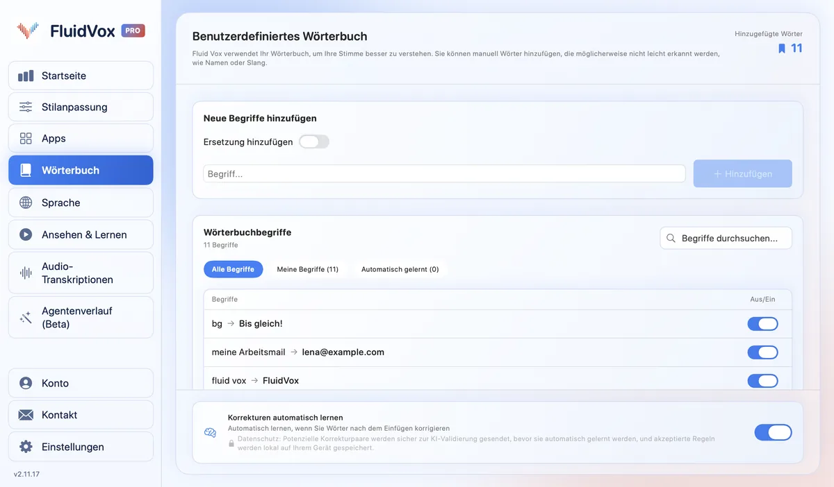 Benutzerdefiniertes Wörterbuch in FluidVox mit eigenen Begriffen und Ersetzungen, die bei jedem Diktat richtig geschrieben werden