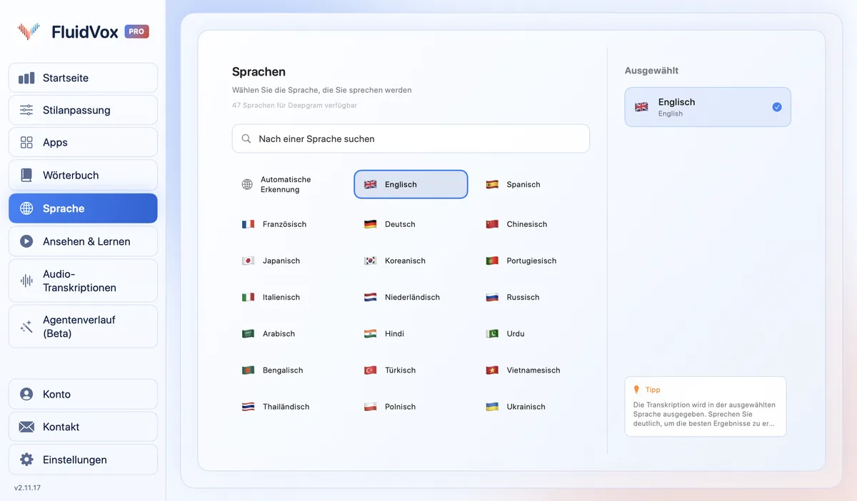 Spracheinstellungen von FluidVox, in denen Sie festlegen, in welcher Sprache Sie diktieren