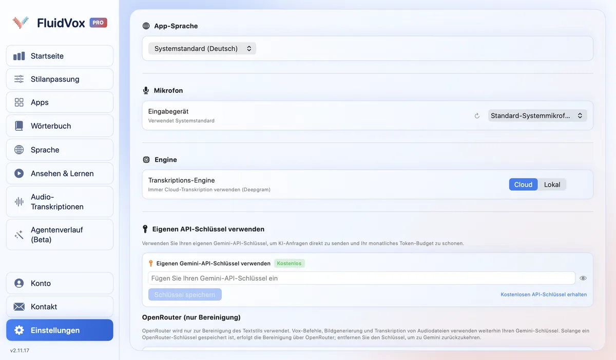 Einstellungen von FluidVox mit dem Mikrofon als Eingabegerät und der Wahl zwischen Cloud und lokaler Transkription