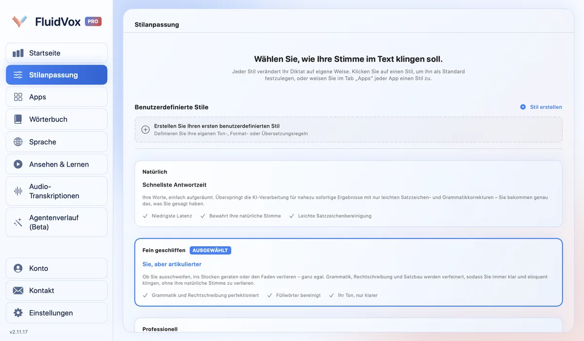 Stilanpassung in FluidVox, wo Sie wählen, wie Ihre Stimme im Text klingt, und jeder App einen eigenen Stil zuweisen