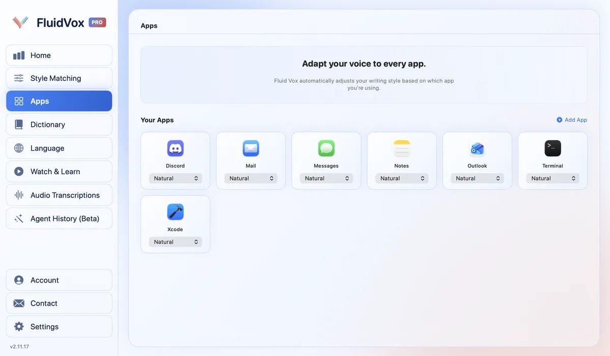FluidVox app settings listing apps such as Outlook, Mail and Notes, each with its own writing style