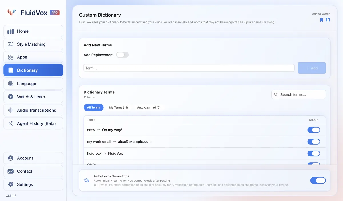 FluidVox dictionary with custom terms and replacements that fix words Mac dictation gets wrong