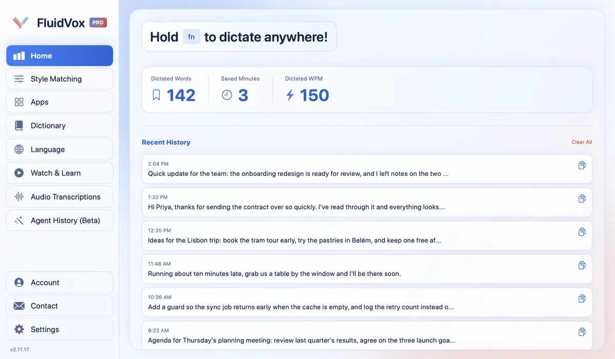 FluidVox home screen with the Hold fn to dictate anywhere prompt and recent dictation history